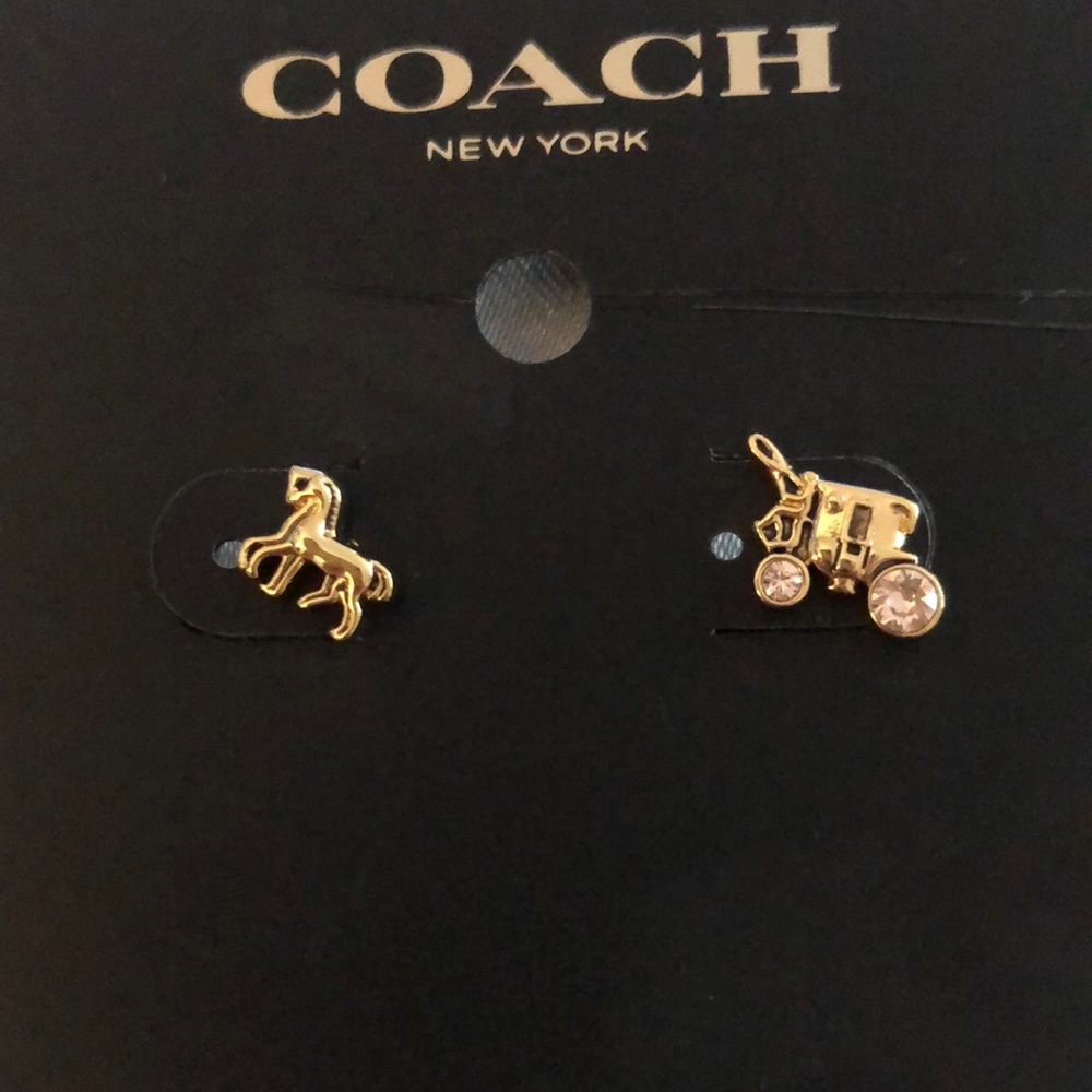 Coach Gold Plated Over Brass Horse & Carriage Mismatch Stud Earrings NWT